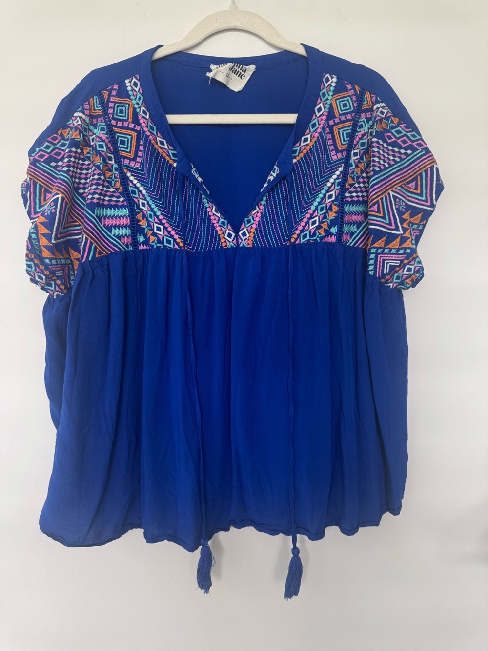 Savanna Jane Blue Embroidered V-Neck Peasant Tunic Aztec Tassles Western Sz 1X